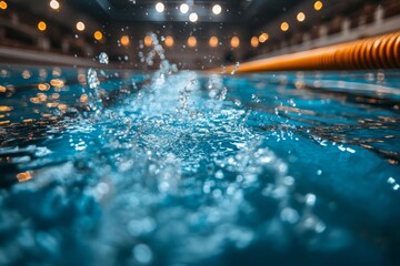 Olympic sized swimming pool. Interior swimming pool, stadium, event. Brightly lit, fresh water.	
