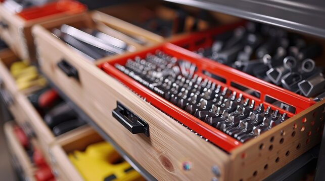 Workbench Accessories: Tools such as clamps, drill bits, and sandpaper used with workbenches, typically organized in drawers or on pegboards for efficient access.
