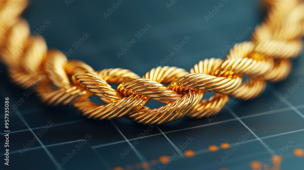 Poster shining gold necklaces entwined with investment graphs - with copy space for text and selective focu