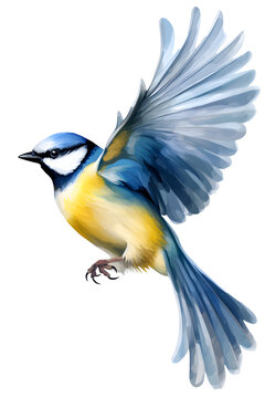 recommend clip art: watercolor side view of flying blue tit bird, isolated clipart, for nature art and creative design, perfect for decoration projects