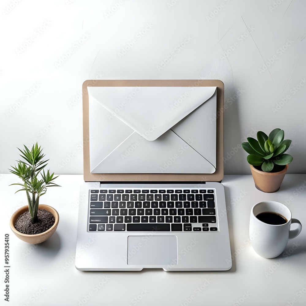 Poster minimalist mockup of an open laptop with a white envelope on top. creating a visually appealing repr