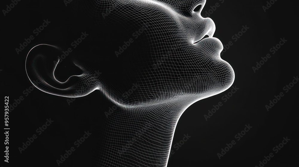 Canvas Prints A wireframe rendering of a woman's face, tilted upwards, with a focus on her jawline, nose, and lips. The image is rendered in a dark, minimalist style, emphasizing the geometric nature of the form.