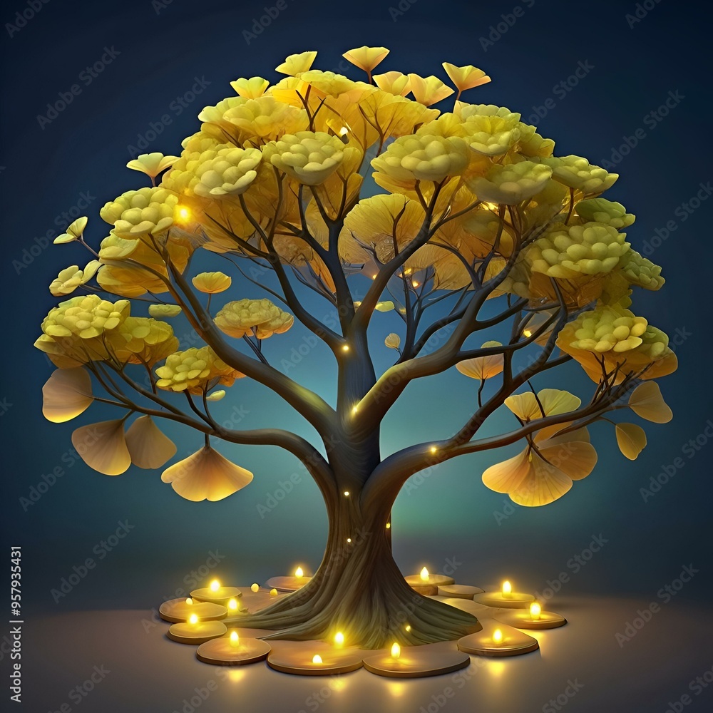 Aufkleber a stylized 3d illustration of a ginkgo tree with glowing leaves and a circle of lights at its base. 