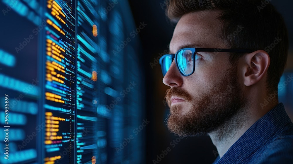Poster futuristic corporate strategy with neon-lit data analysis and advanced ai decision-making in ultra h