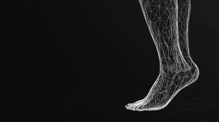 Wireframe of a human foot and lower leg on a black background.