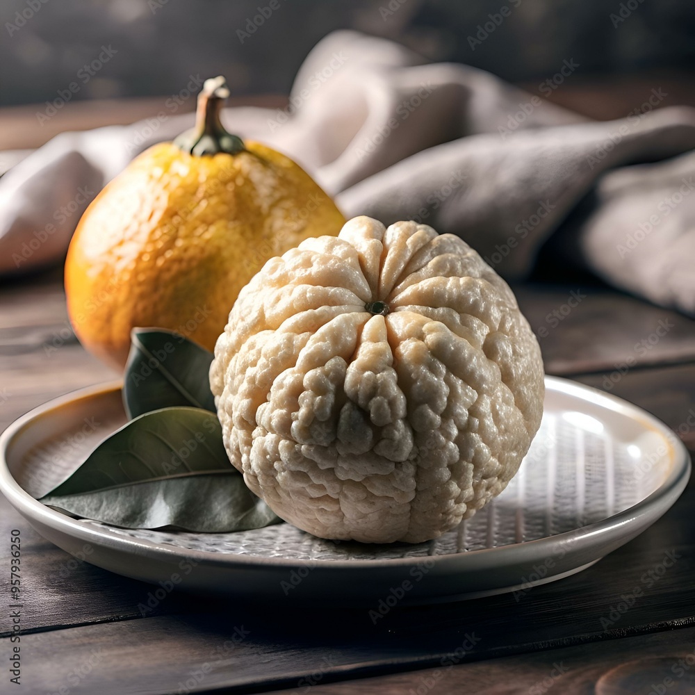 Poster a close up image of a 3d rendered ugli fruit. showcasing its unique bumpy texture and vibrant color.