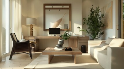Contemporary Elegance: Minimalist Open Space with Wooden Desk, Sofa, and Sculptural Decor
