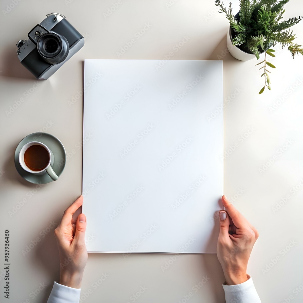 Poster a flat lay mockup featuring a blank white sheet of paper being held by a hand. perfect for showcasin