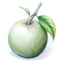 A beautifully rendered illustration of a greengage. drawn in colored pencil.