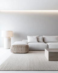 Luxury apartment interiors in neutral colors with minimalist furniture and natural lighting. Residential Real Estate interior design composition.