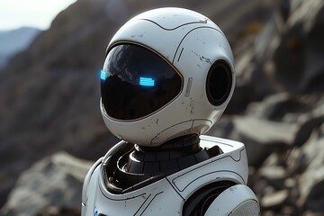 A futuristic robot with glowing blue eyes stands on a rocky terrain, showcasing advanced technology and unique design elements.