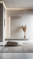 Luxury apartment interiors in neutral colors with minimalist furniture and natural lighting. Residential Real Estate interior design composition.