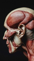 Fototapeta premium A close-up side view of a detailed anatomical model of the human head, showing the intricate muscle structure.
