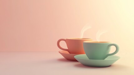 Fototapeta premium A serene image of two steaming cups showcasing pastel colors, ideal for coffee lovers and tranquil moments.