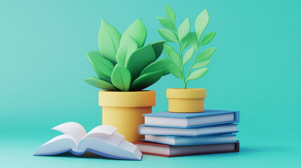 A vibrant arrangement of books and potted plants, perfect for home decor or a study space. Ideal for eco-friendly themes.