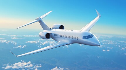 Obraz premium A modern airplane soaring through a clear blue sky, surrounded by fluffy clouds, showcasing its sleek design and advanced technology.