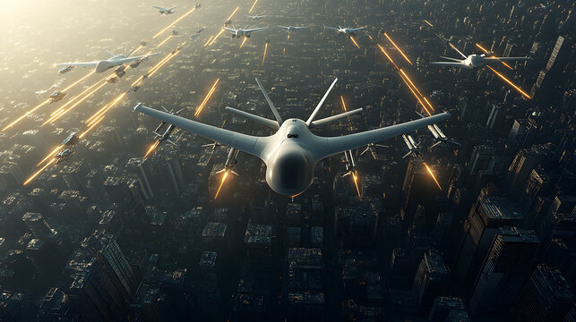 Aerial view of a futuristic trade war unmanned fighter