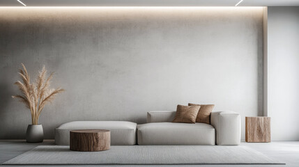 Luxury apartment interiors in neutral colors with minimalist furniture and natural lighting. Residential Real Estate interior design composition.
