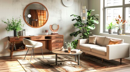 Fototapeta premium Urban Oasis: Modern Open Space with Wooden Desk, Fresh Plants, and Elegant Accessories