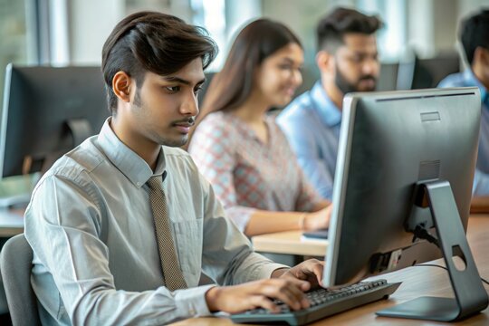 An Indian student working on a computer in a computer lab.
