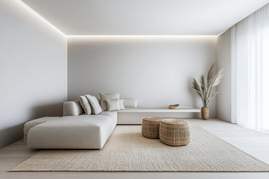 Luxury apartment interiors in neutral colors with minimalist furniture and natural lighting. Residential Real Estate interior design composition.