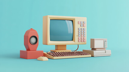 A retro computer setup featuring a vintage monitor, keyboard, mouse, and speaker against a bright blue background.