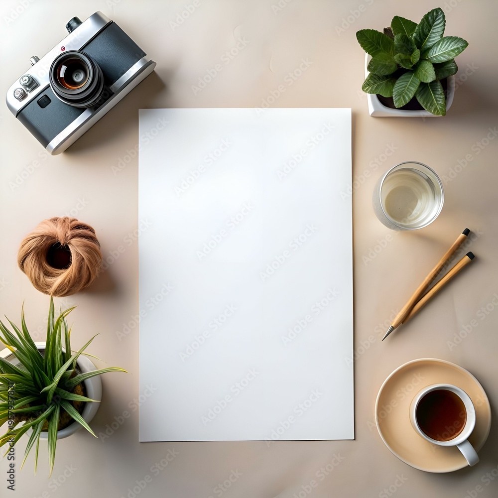 Poster a clean and minimalist flat lay with a white sheet of paper surrounded by everyday objects like a vi