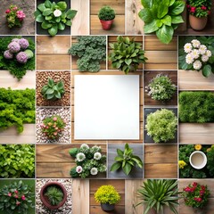 Fototapeta premium A beautiful and versatile collage of various potted plants. flowers. and greenery arranged against a wooden backdrop.