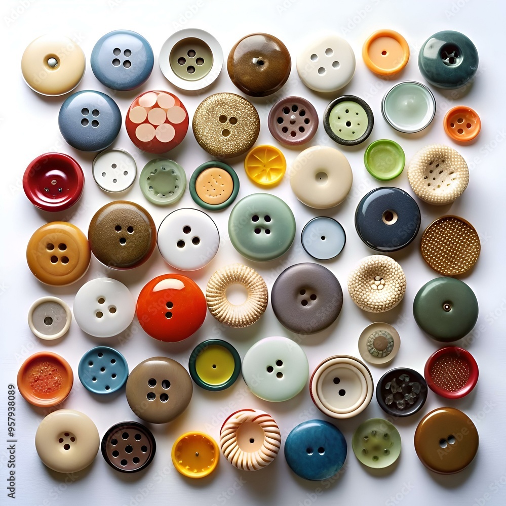 Poster a vibrant collection of colorful buttons in various shapes and sizes. perfect for crafting projects.