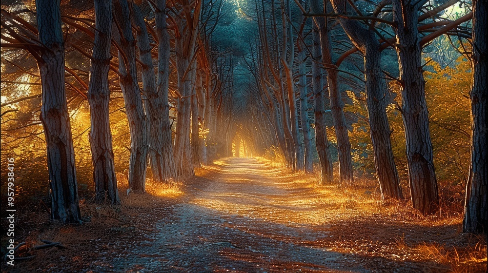 Poster A forest pathway lined with tall trees, with light filtering through the branches. Generative AI.