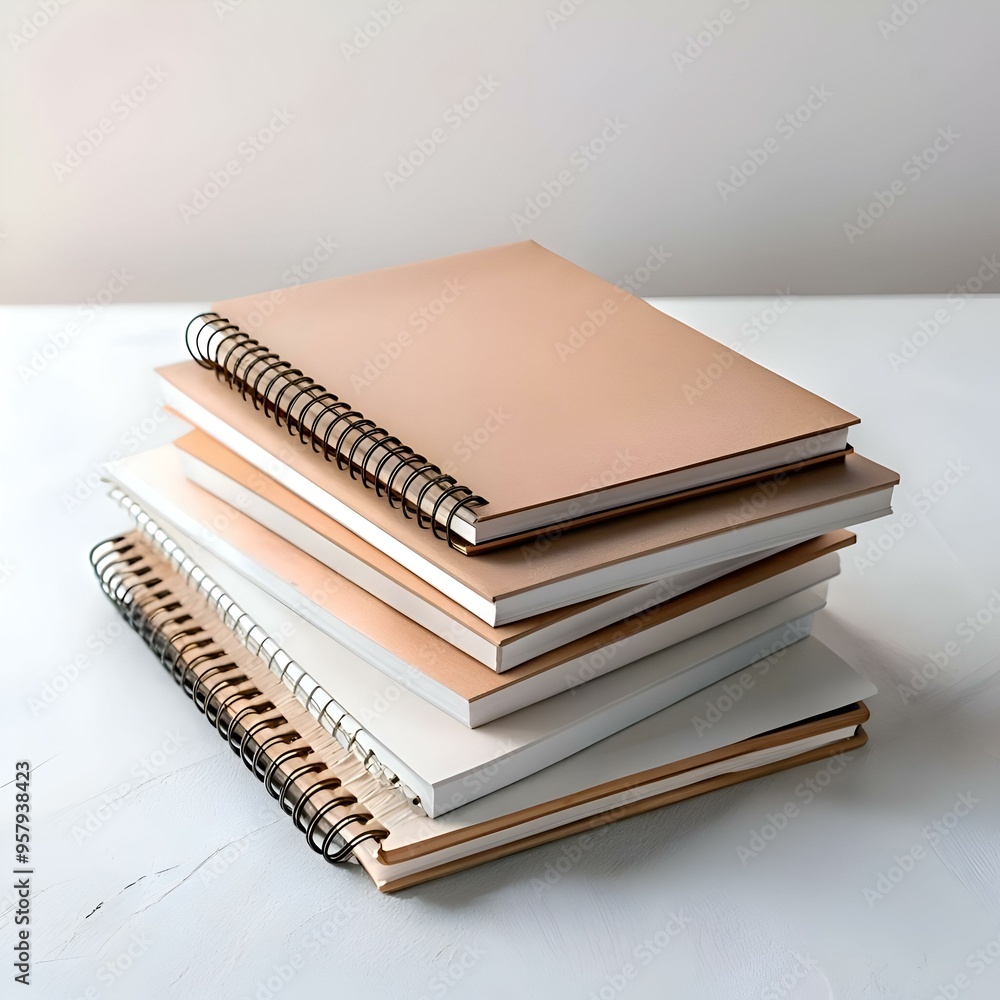 Poster a stack of four spiral bound notebooks with different colored covers.