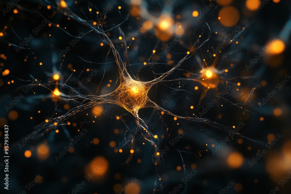 Aufkleber a close-up view of neurons with glowing connections, resembling a network of glowing threads