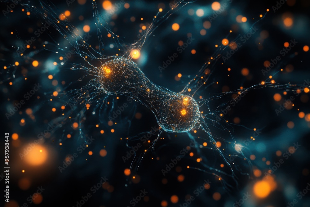 Aufkleber a close-up view of neurons with glowing connections, resembling a network of glowing threads