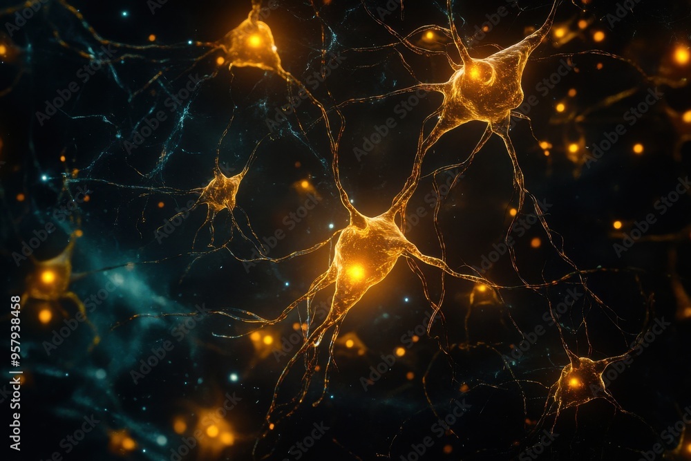 Poster a close-up view of neurons with glowing connections, resembling a network of glowing threads