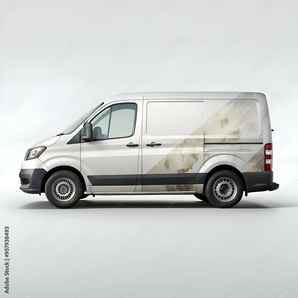 Poster a clean. white van with a minimalist design. featuring a diagonal pattern on the side.