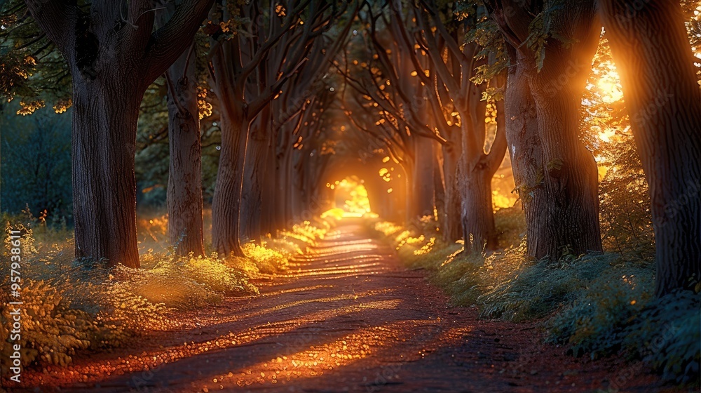 Poster A forest pathway lined with tall trees, with light filtering through the branches. Generative AI.