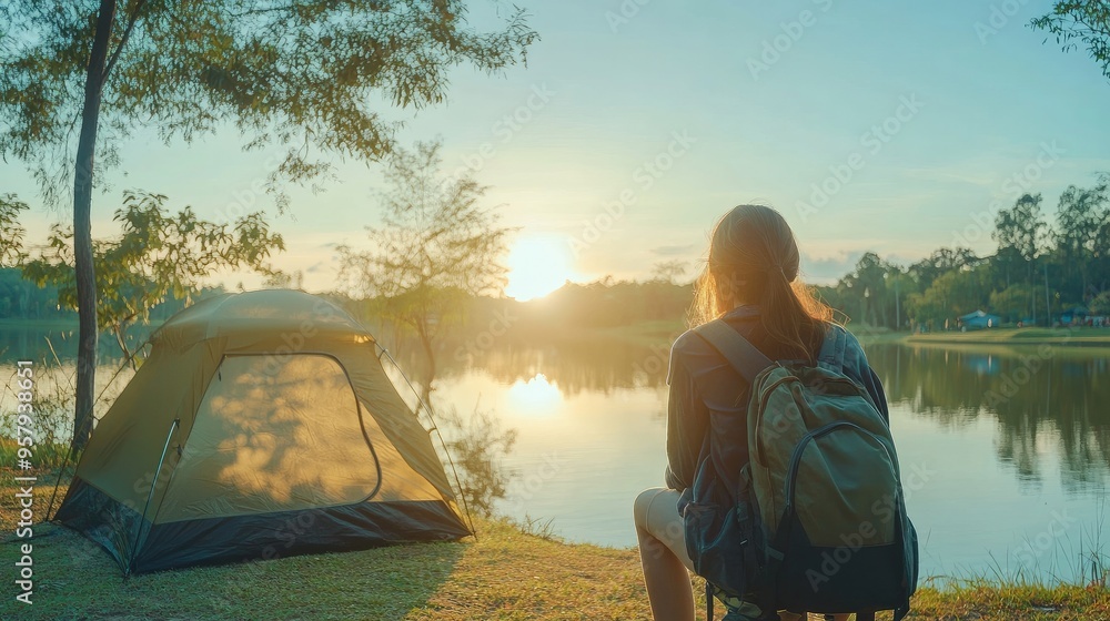 Wall mural asian women visit and camp by themselves in thailand's natural parks. outdoor recreation and travel 