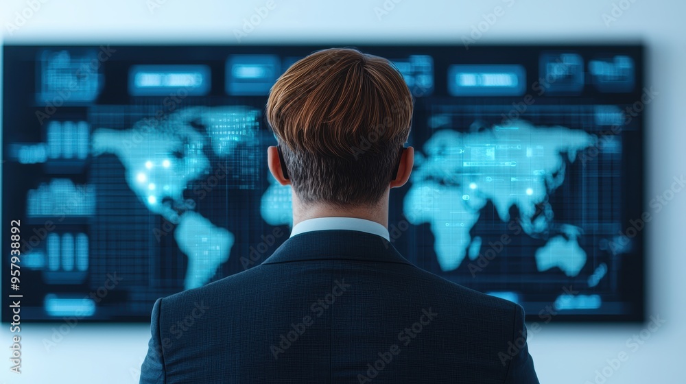 Poster futuristic business forecasting and planning in transparent holographic office design with copy spac