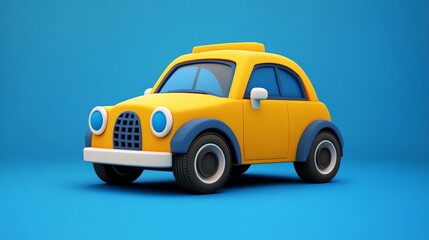 Vibrant cartoon-style yellow car with blue accents, set against a solid blue background. Perfect for playful and cheerful designs.