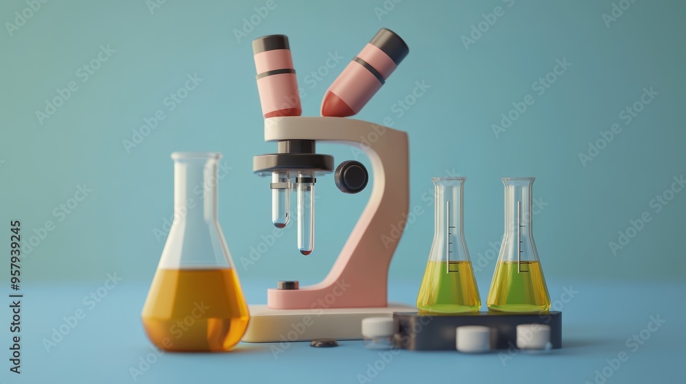 Poster colorful laboratory setup with a microscope and various test tubes filled with liquids, ideal for sc