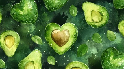 Watercolor of Heart made from fresh avocado isolated on color background,Avocado with heart shape seed,Love Symbol or Fresh Organic Fruit for Healthy Lifestyle Concept,valntine healty diet concept.