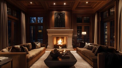 Elegant and Sophisticated Living Room with Customized Fireplace and Lighting
