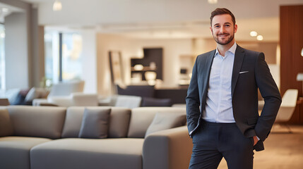 Confident Salesperson Presenting Sleek Sofa in Spacious Showroom with Soft Focus Background
