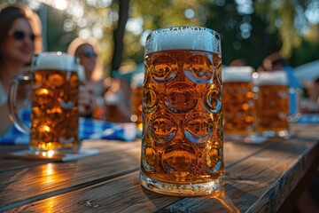Frothy beer mugs on table with people at Oktoberfest