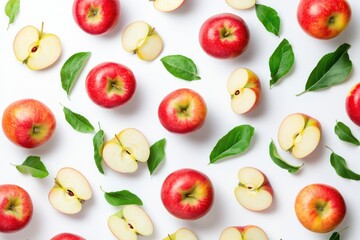 A collection of whole apples, apple slices, and green leaves are scattered and floating against