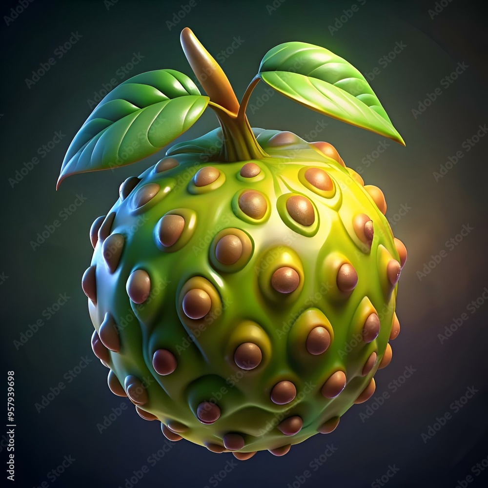 Aufkleber a vibrant 3d render of a quirky. textured fruit with a unique bumpy surface and playful leaves. perf