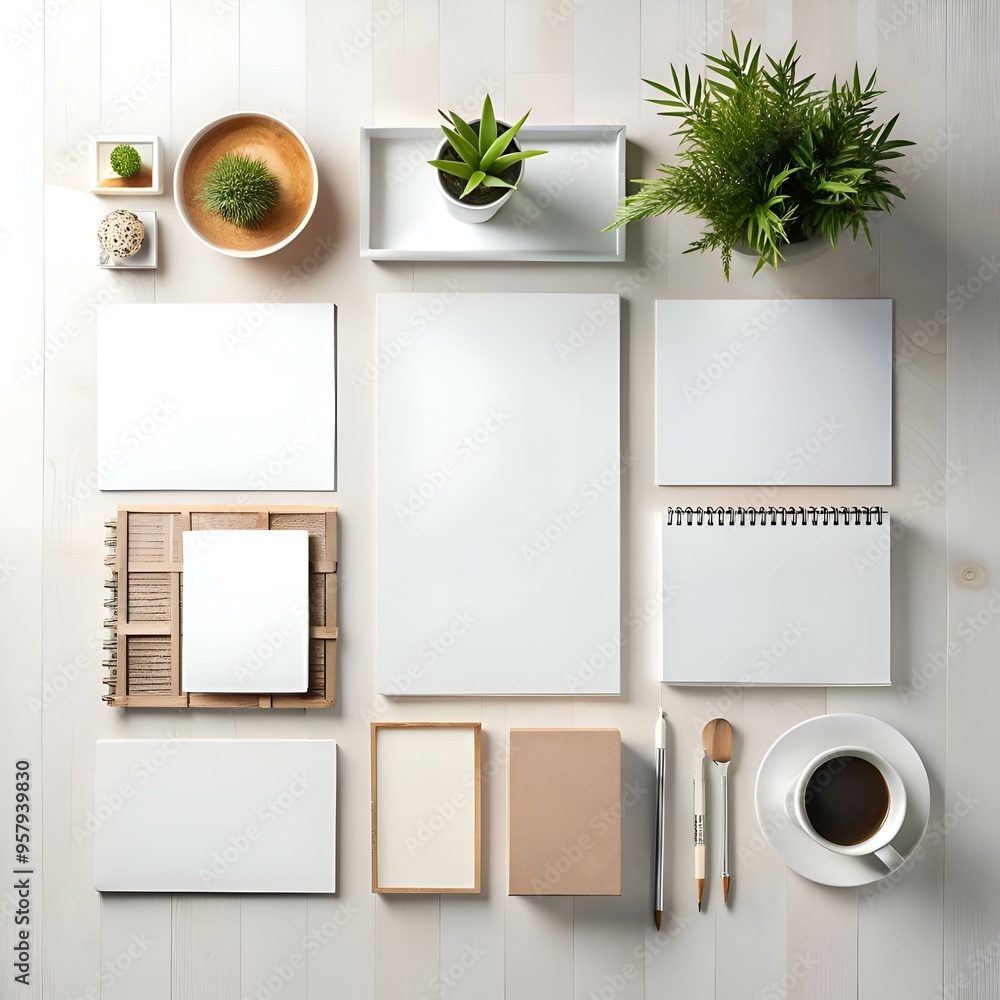 Aufkleber a clean and minimalist desktop mockup with various stationery items. perfect for showcasing branding