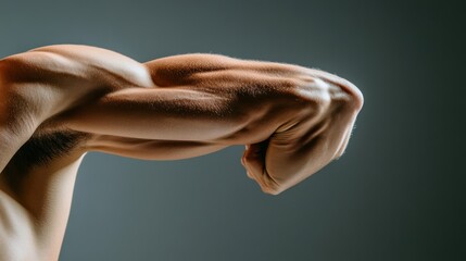 Obraz premium Close-up of a muscular male arm bent at the elbow, showcasing defined biceps, triceps, and forearm muscles against a gray background.