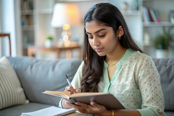 An Indian female student planning her schedule with a study planner and pen.
