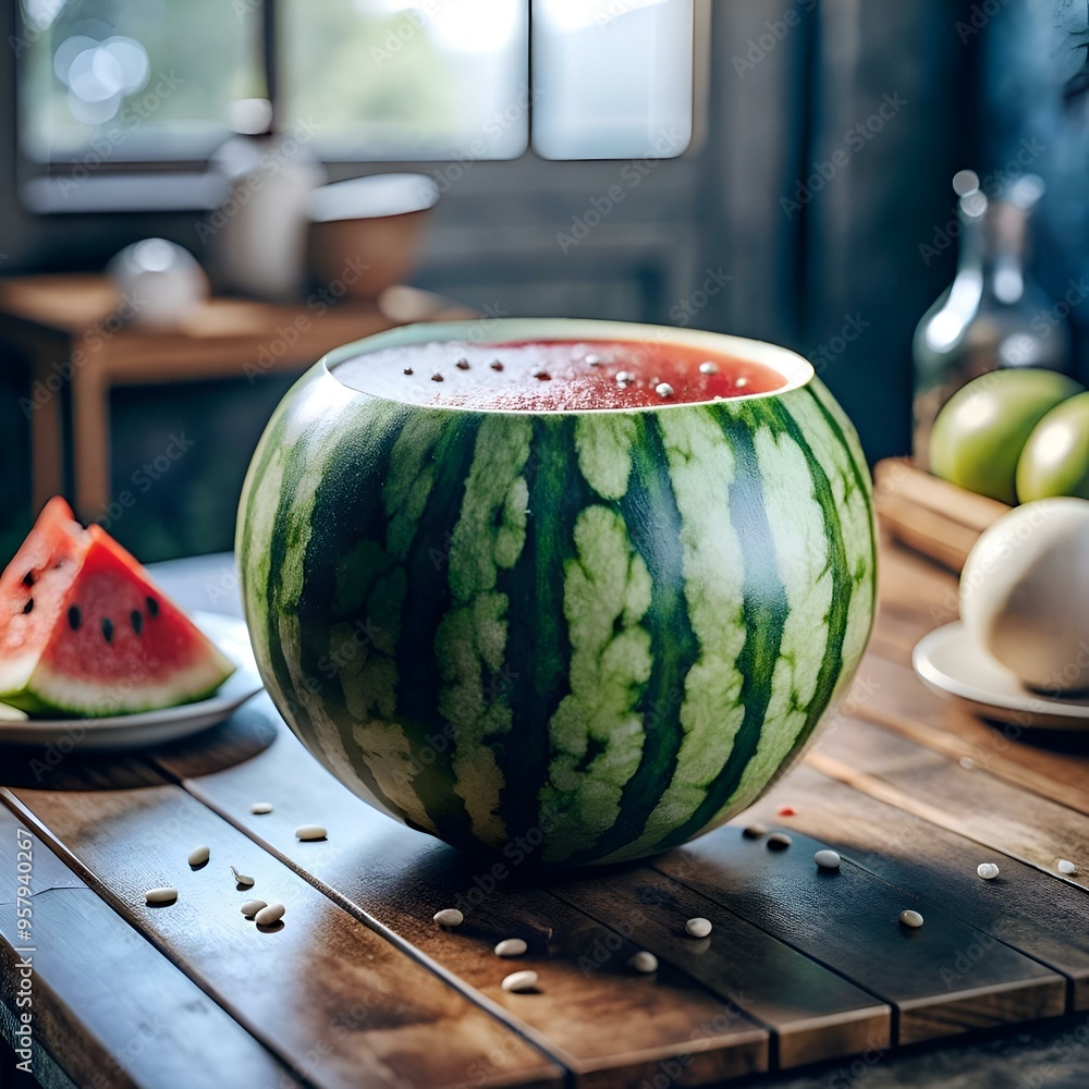 Poster a 3d rendering of a halved watermelon with the juicy red flesh visible inside.